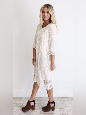 Roolee Boho White Lace-Embroidered Midi Dress S/M Bachelorette Modest Wedding